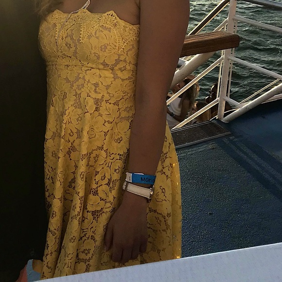 French Yellow Lace Overlay A-line Dress - Picture 2 of 8